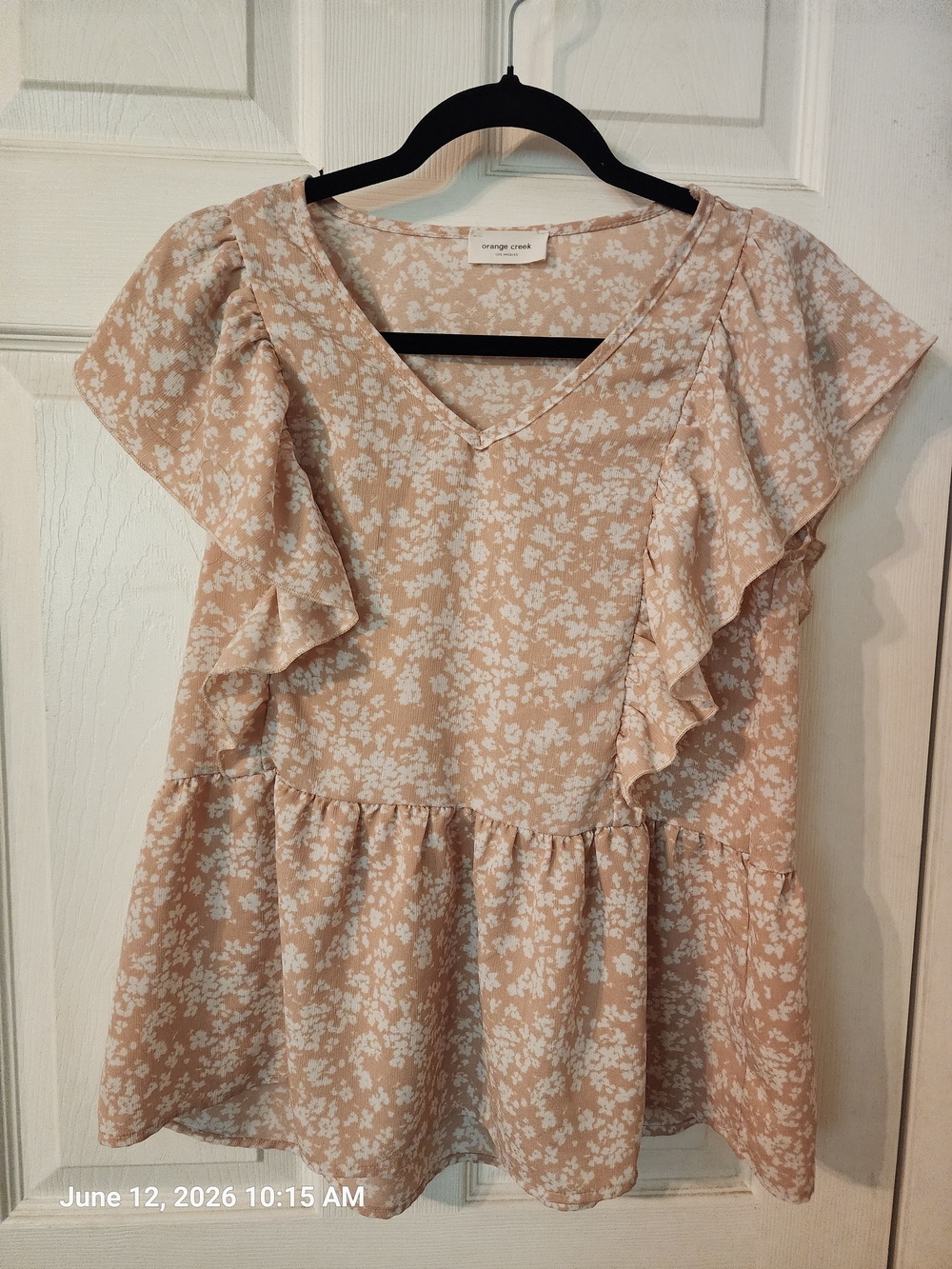 orange creek Light Pink Floral Ruffle Short Sleeve Blouse
